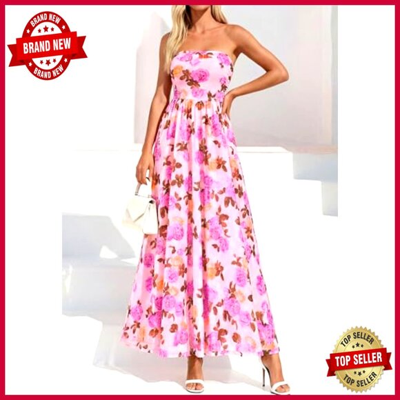 Strapless Maxi Dress Floral Tube Top Ruched Beach Wedding Guest Long - Picture 2 of 7